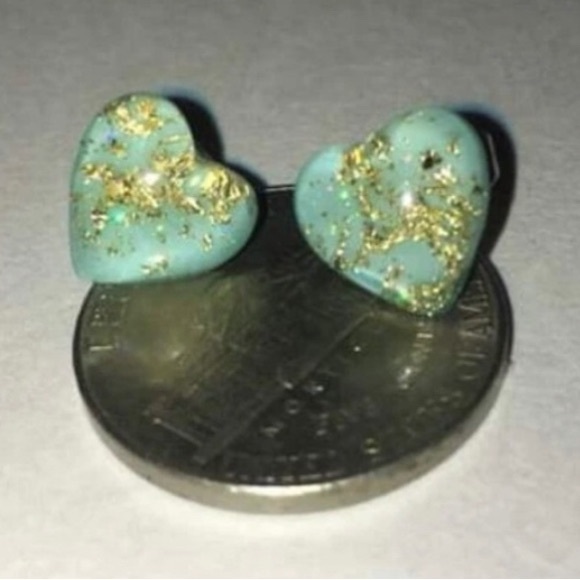 Blue Heart Gold Flake Fleck Glitter Sparkle Resin Dainty Tiny Stud Post Earrings - Picture 15 of 16